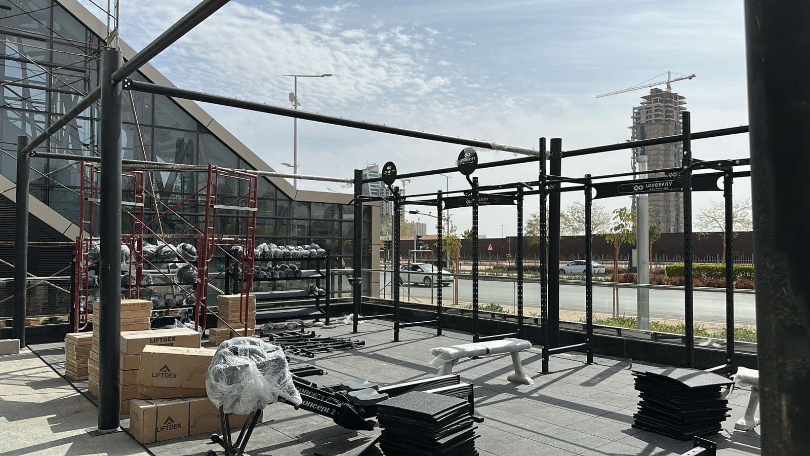Outdoor training terrace with rigs at Longevity Wellness Hub