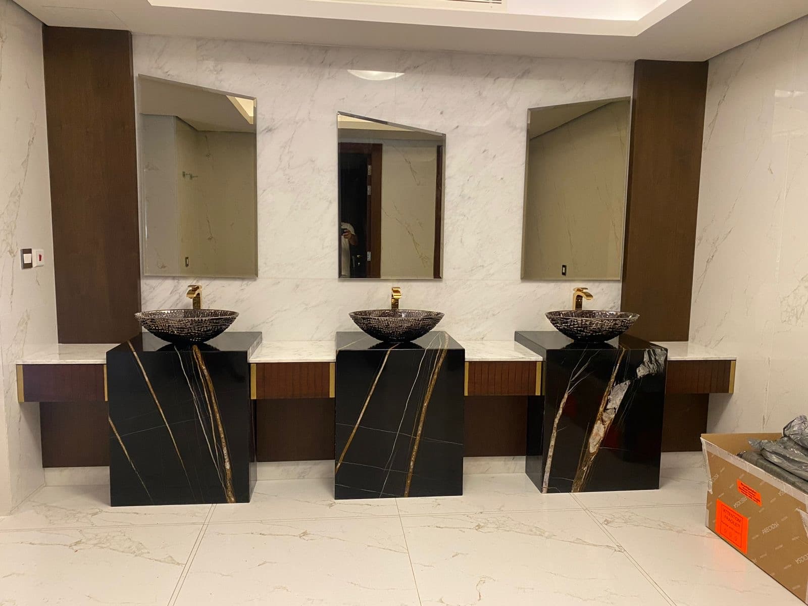 Twin pedestal vanities in Sahara Noir marble